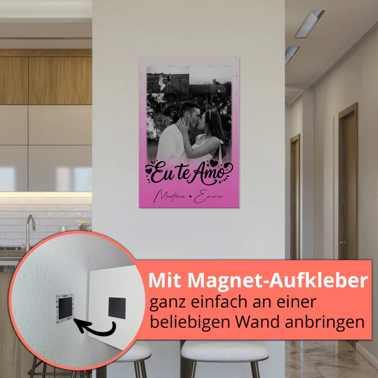 Personalisiertes Fotoboard Magnet Poster mit 3 Fotos Eu te amo Liebe auf Portugiesisch