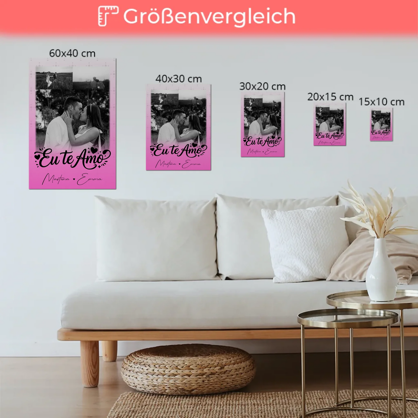 Personalisiertes Fotoboard Magnet Poster mit 3 Fotos Eu te amo Liebe auf Portugiesisch