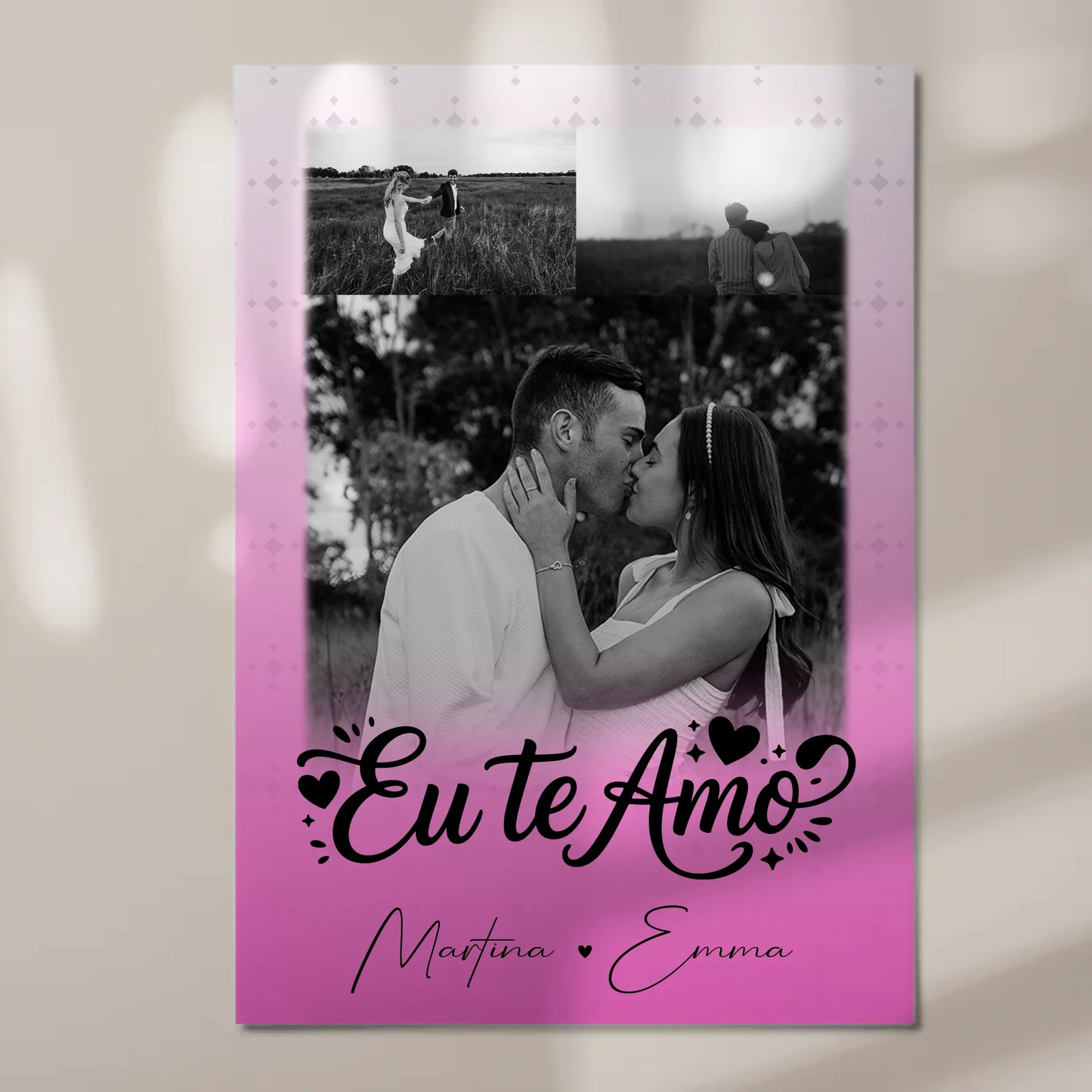 Personalisiertes Fotoboard Magnet Poster mit 3 Fotos Eu te amo Liebe auf Portugiesisch