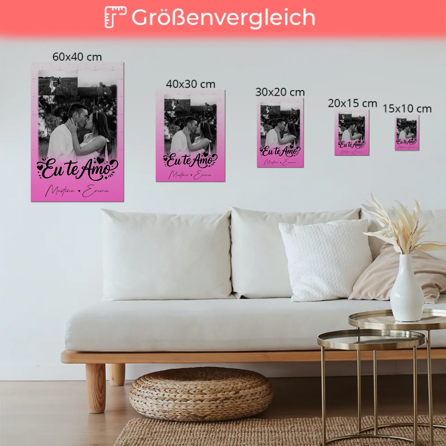 Personalisiertes Fotoboard Magnet Poster mit 3 Fotos Eu te amo Liebe auf Portugiesisch