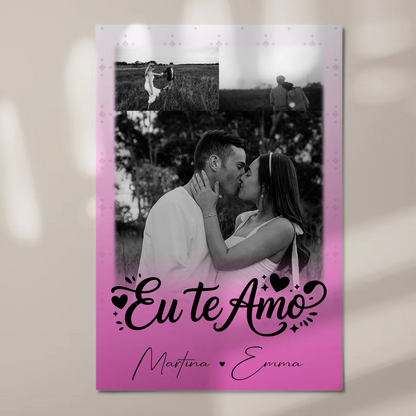 Personalisiertes Fotoboard Magnet Poster mit 3 Fotos Eu te amo Liebe auf Portugiesisch