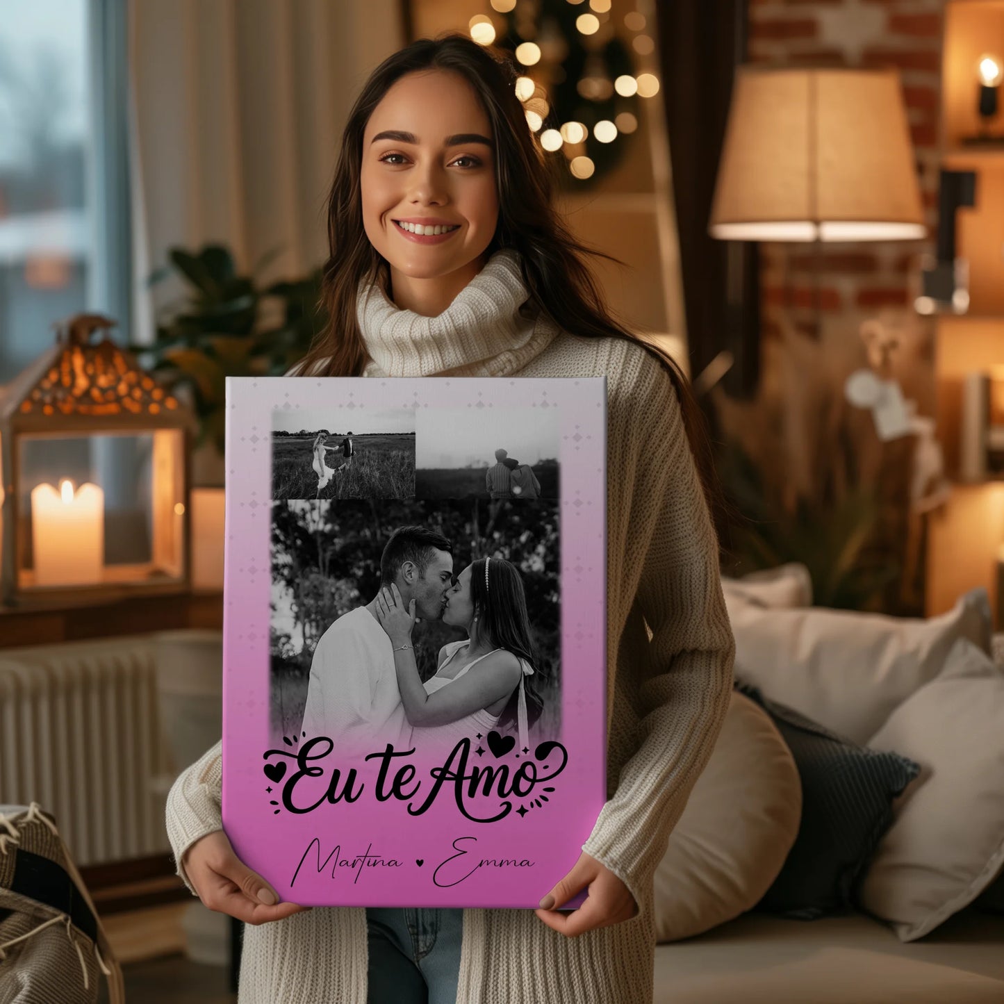 Personalisierte Leinwand Hochzeit mit 3 Fotos Eu te amo Liebe auf Portugiesisch