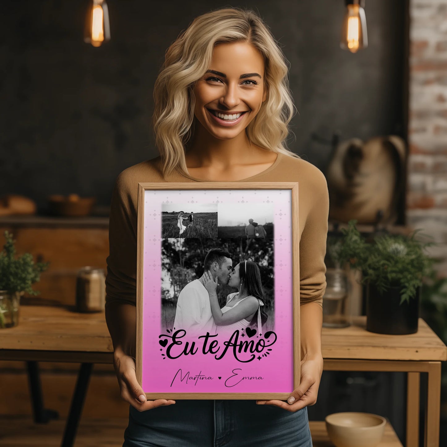 Partner Poster Personalisiert mit 3 Fotos Eu te amo Liebe auf Portugiesisch