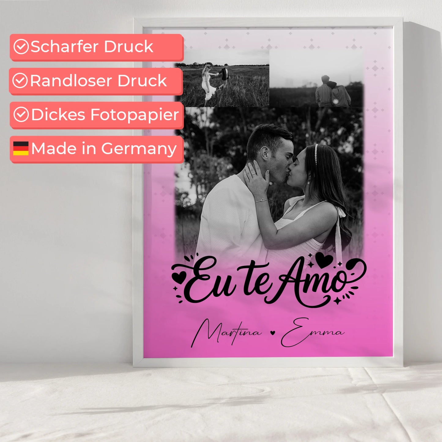 Partner Poster Personalisiert mit 3 Fotos Eu te amo Liebe auf Portugiesisch