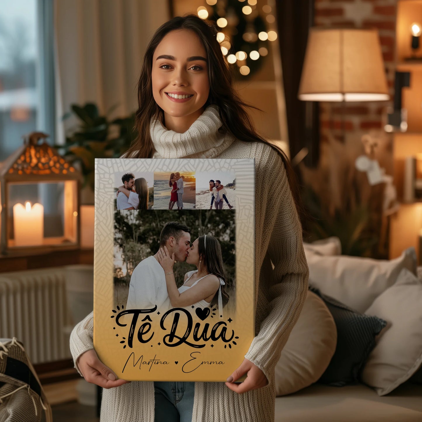 Personalisierte Leinwand Paare 4 Fotos Të dua Liebe auf Albanisch Geschenk