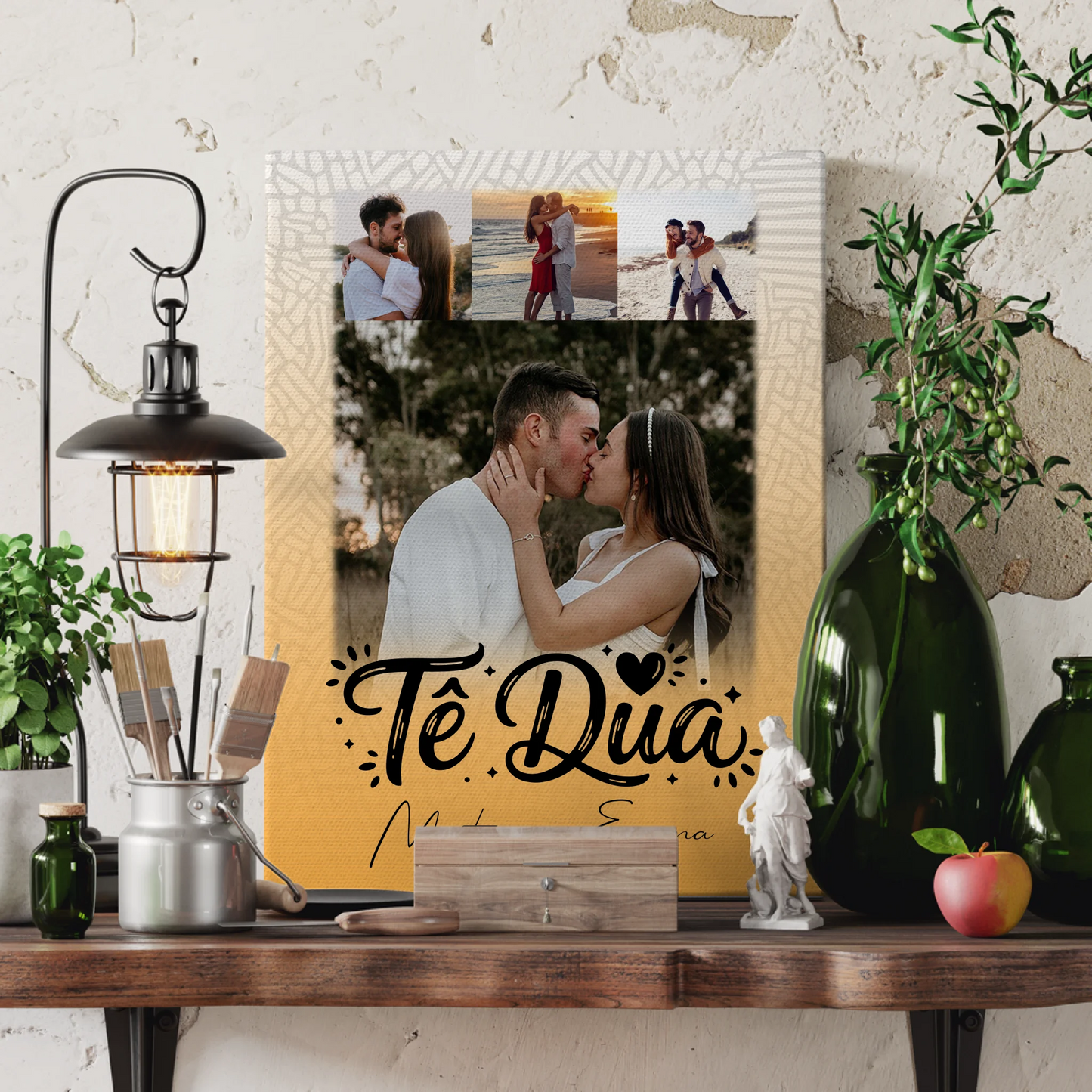 Personalisierte Leinwand Paare 4 Fotos Të dua Liebe auf Albanisch Geschenk