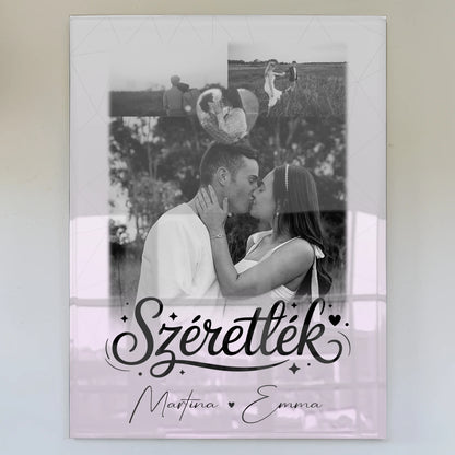 Personalisierte Fotogeschenke mit Acrylglas 3 Fotos und Herz Foto Szeretlek Liebe auf Ungarisch