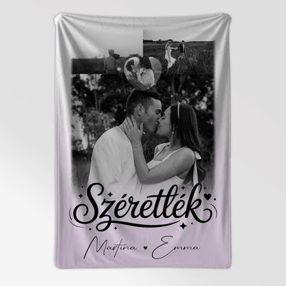 Personalisierte Namensdecke mit 3 Fotos und Herz Foto Szeretlek Liebe auf Ungarisch 7