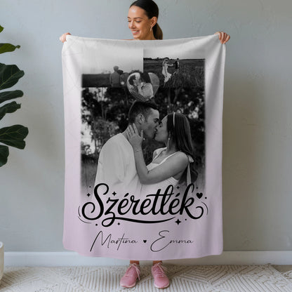 Personalisierte Namensdecke mit 3 Fotos und Herz Foto Szeretlek Liebe auf Ungarisch 1