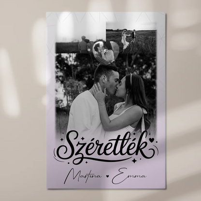 Personalisierbares Fotoboard Poster Magnetisch mit 3 Fotos und Herzfoto Szeretlek Liebe auf Ungarisch