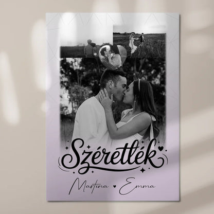 Personalisierbares Fotoboard Poster Magnetisch mit 3 Fotos und Herzfoto Szeretlek Liebe auf Ungarisch