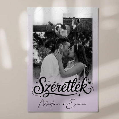 Personalisierbares Fotoboard Poster Magnetisch mit 3 Fotos und Herzfoto Szeretlek Liebe auf Ungarisch