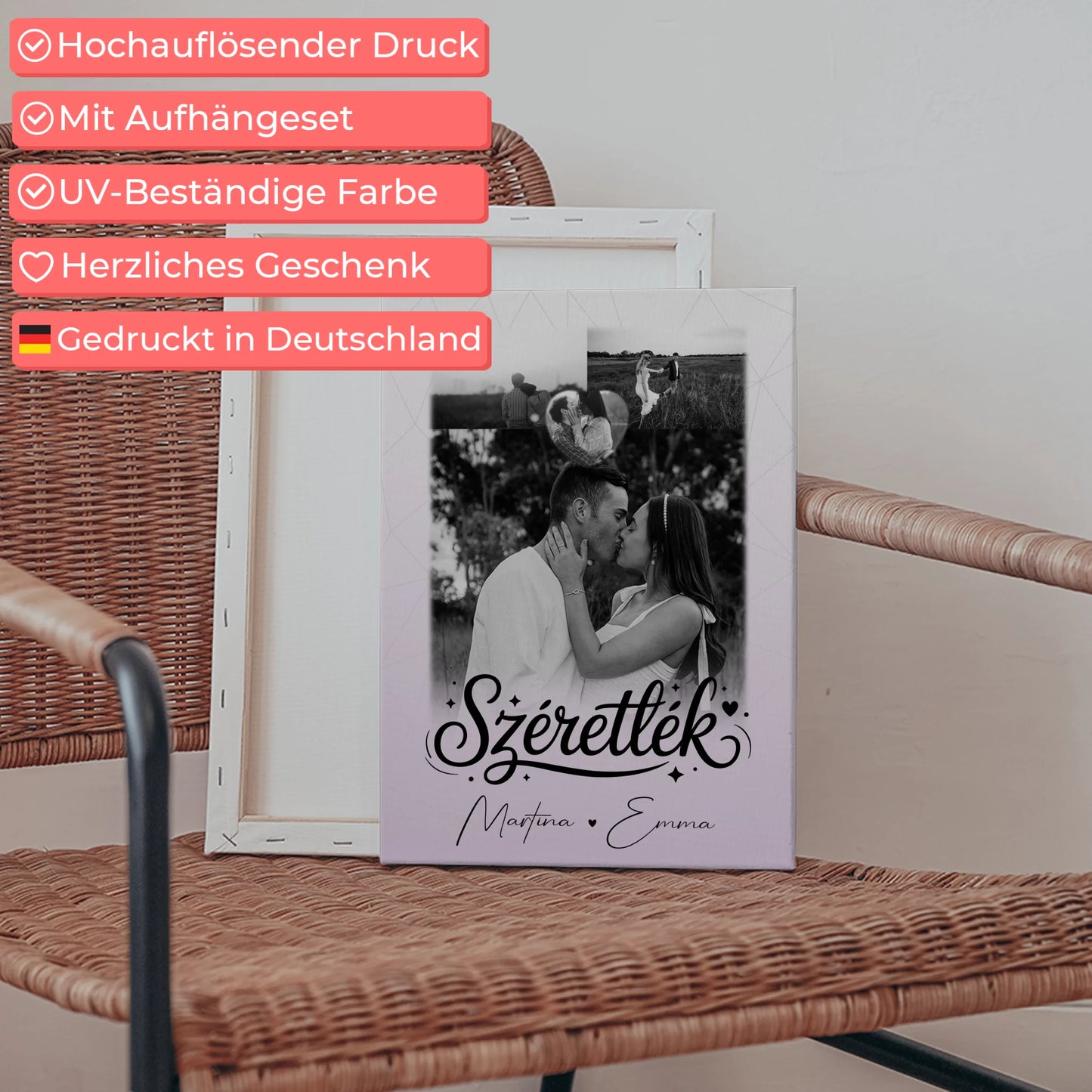 Personalisierte Leinwand Für Paare mit 3 Fotos und Herz Foto Szeretlek Liebe auf Ungarisch