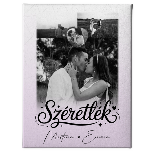 Personalisierte Leinwand Für Paare mit 3 Fotos und Herz Foto Szeretlek Liebe auf Ungarisch