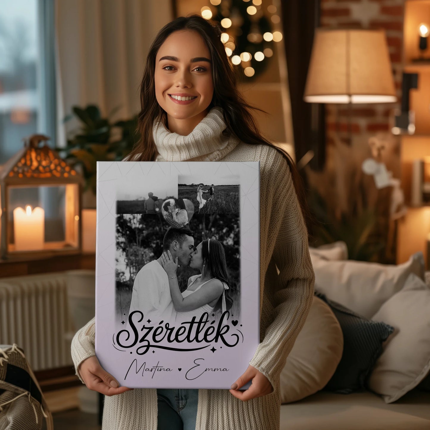 Personalisierte Leinwand Für Paare mit 3 Fotos und Herz Foto Szeretlek Liebe auf Ungarisch