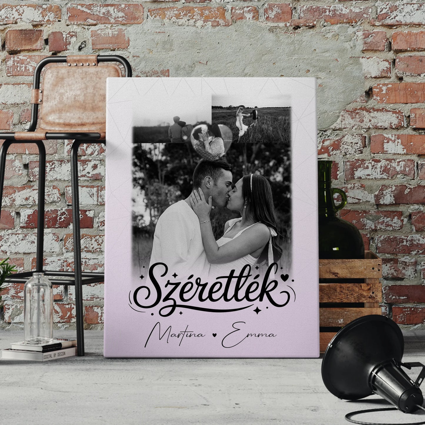 Personalisierte Leinwand Für Paare mit 3 Fotos und Herz Foto Szeretlek Liebe auf Ungarisch