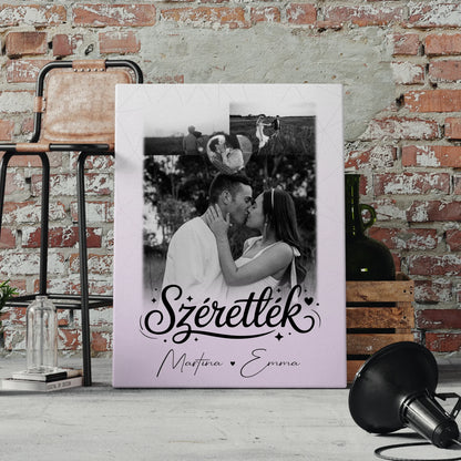 Personalisierte Leinwand Für Paare mit 3 Fotos und Herz Foto Szeretlek Liebe auf Ungarisch