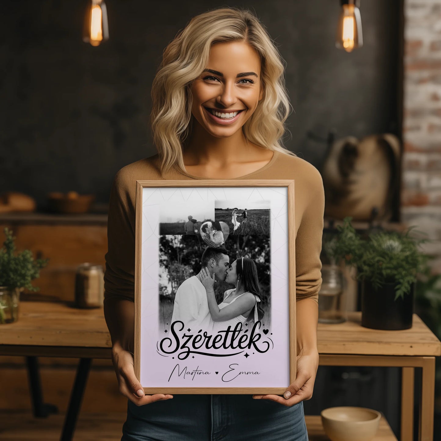 Szeretlek Pärchen Poster Personalisiert mit 3 Fotos und 1 Herz Foto Liebe auf Ungarisch