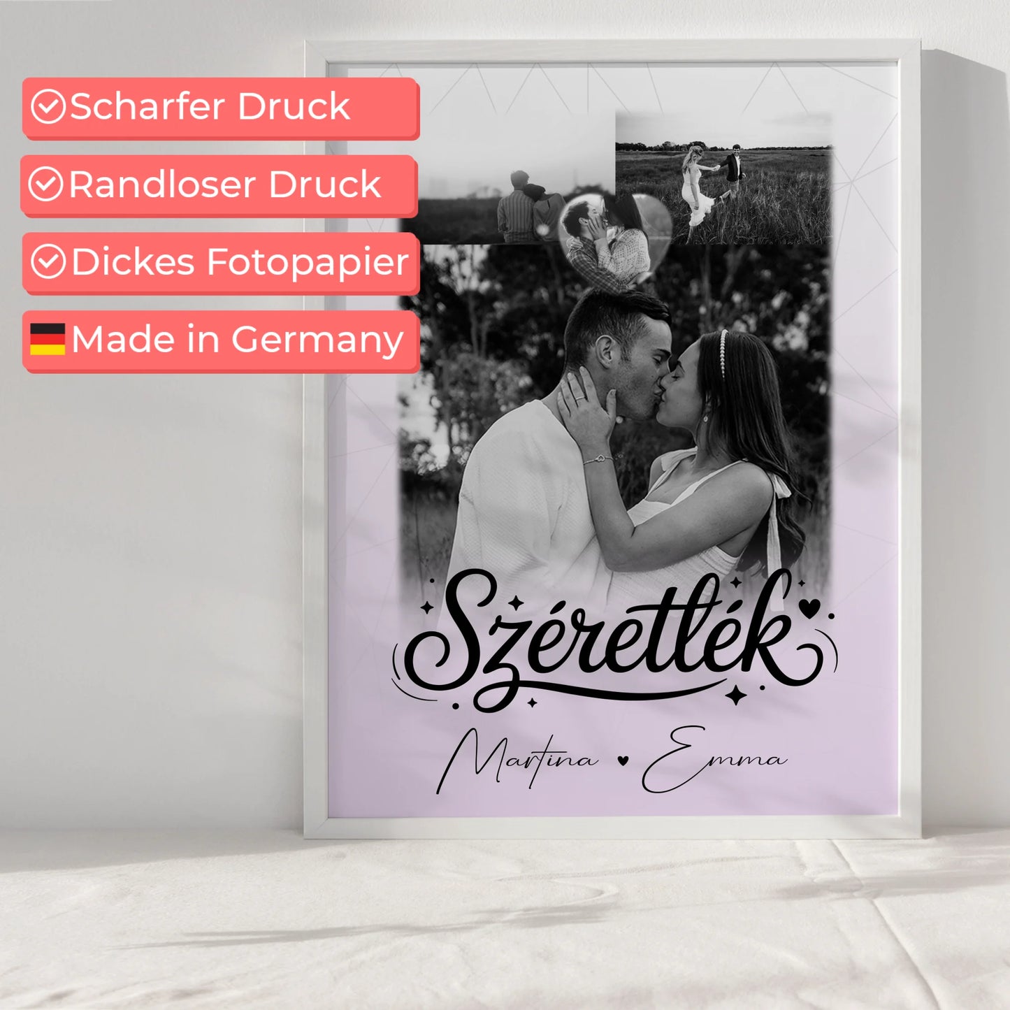 Szeretlek Pärchen Poster Personalisiert mit 3 Fotos und 1 Herz Foto Liebe auf Ungarisch