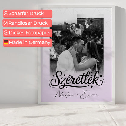 Szeretlek Pärchen Poster Personalisiert mit 3 Fotos und 1 Herz Foto Liebe auf Ungarisch