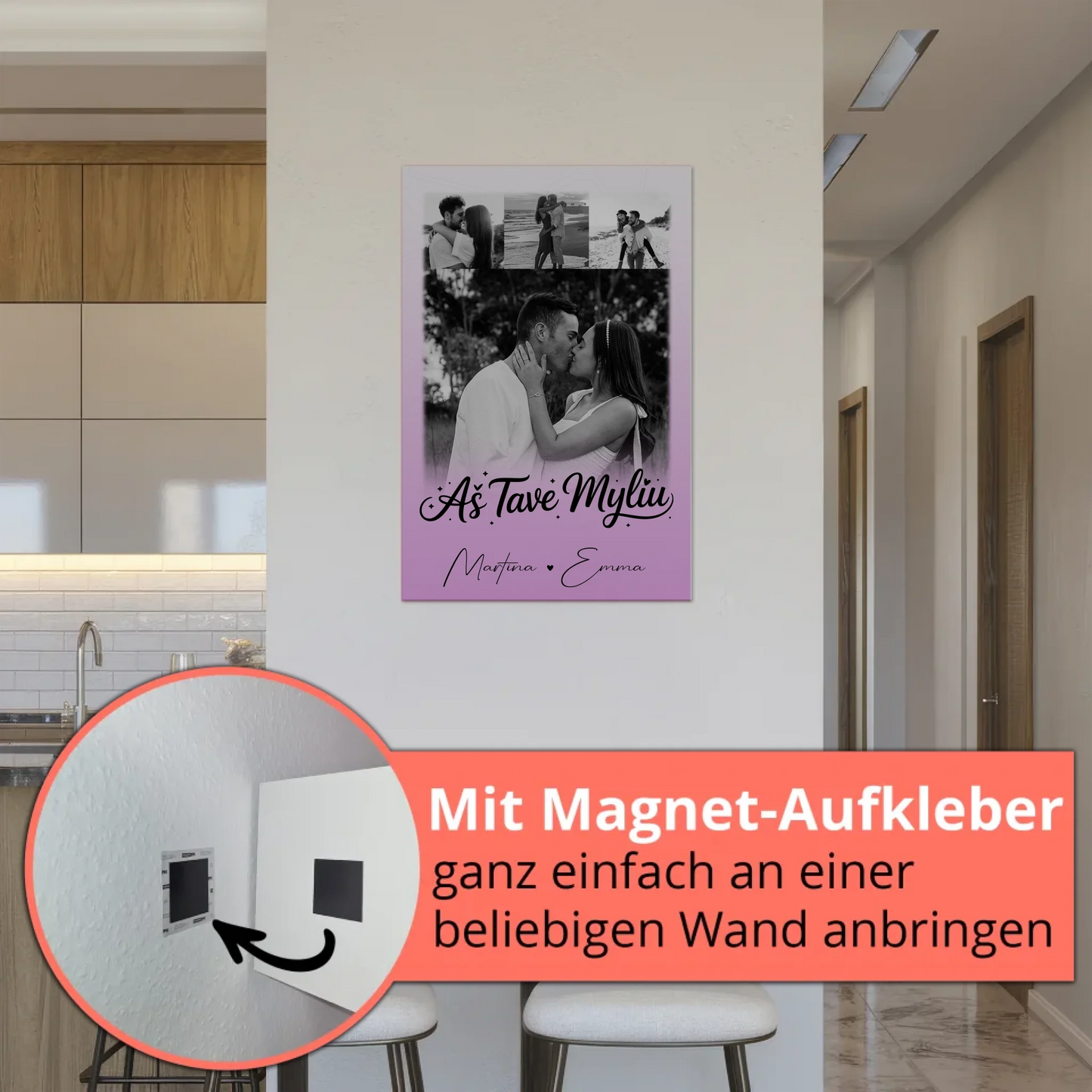 Personalisiertes Fotoboard Poster Magnetisch mit 4 Fotos Aš tave myliu Liebe auf Litauisch