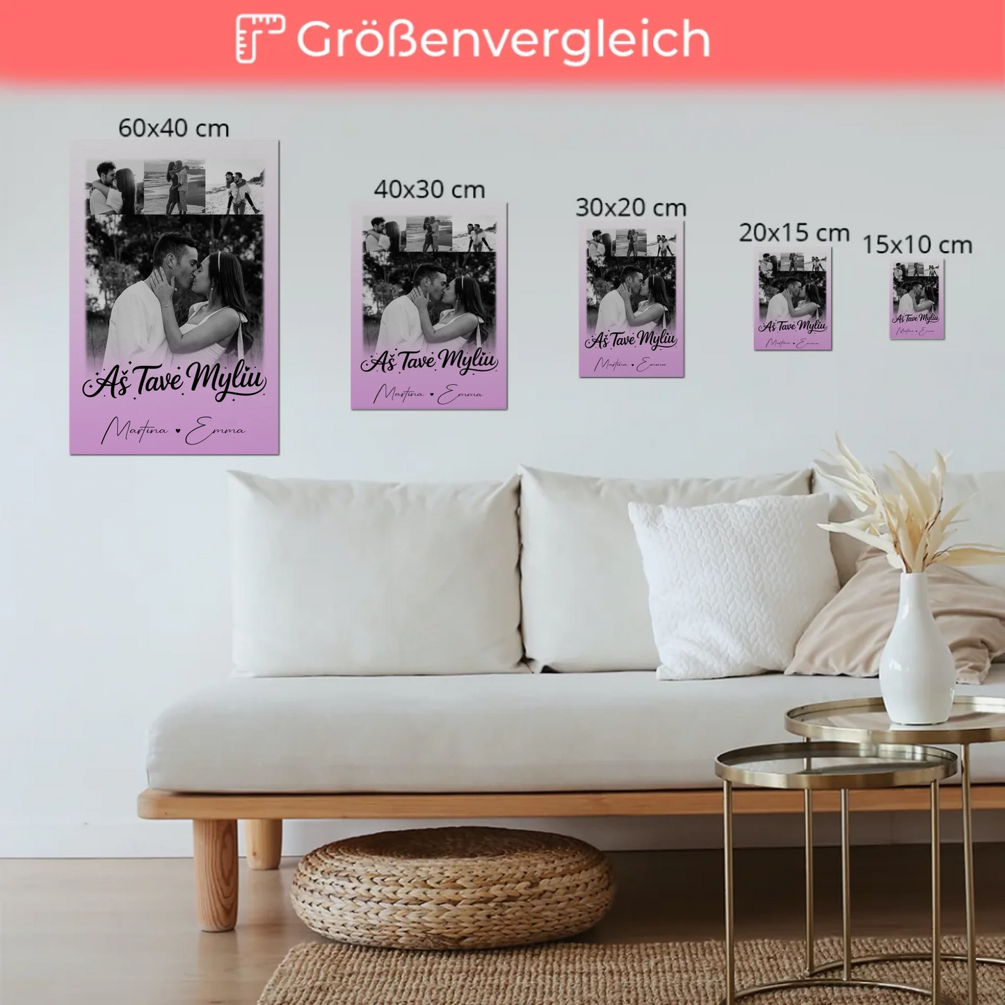 Personalisiertes Fotoboard Poster Magnetisch mit 4 Fotos Aš tave myliu Liebe auf Litauisch