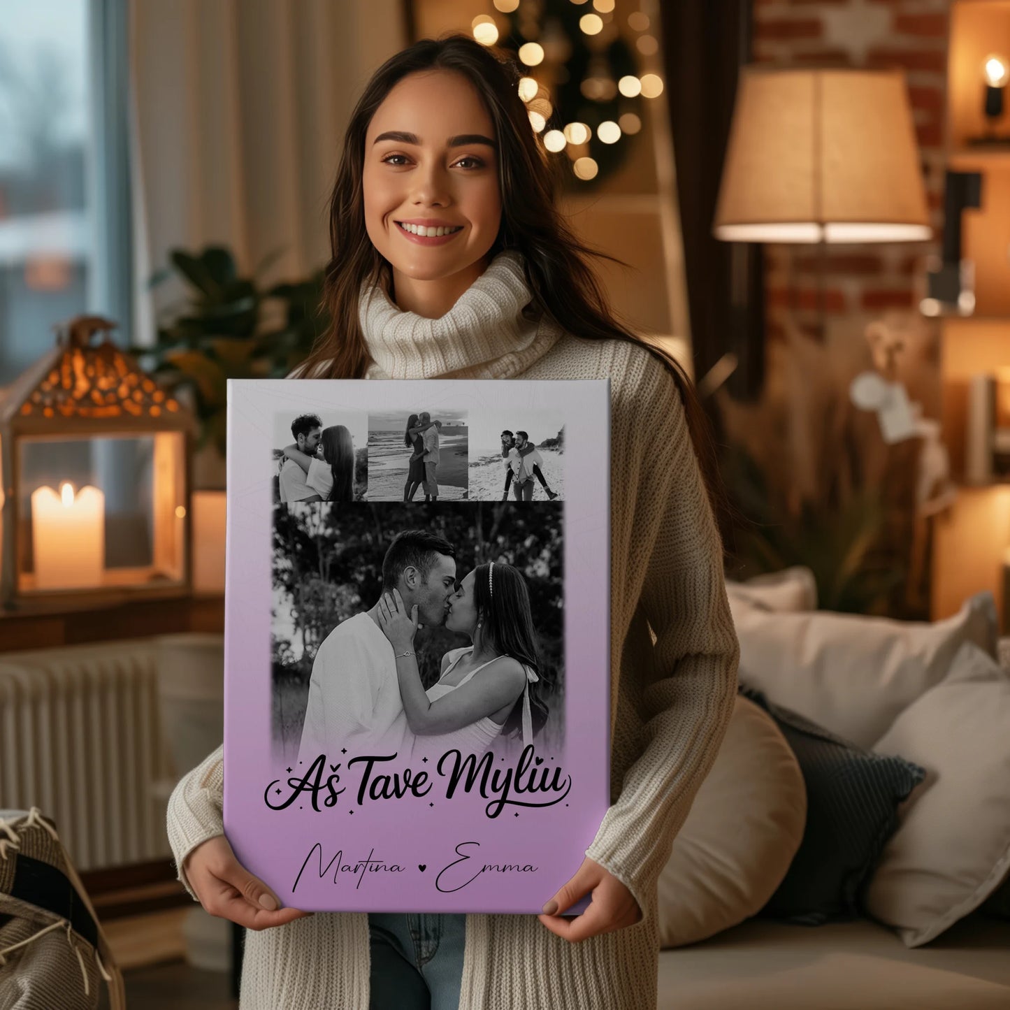 Personalisierte Leinwand Hochzeit mit 4 Fotos Aš tave myliu Liebe auf Litauisch Geschenk