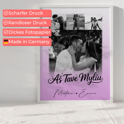 Partner Poster Personalisiert für Paare mit 4 Fotos Aš tave myliu Liebe auf Litauisch