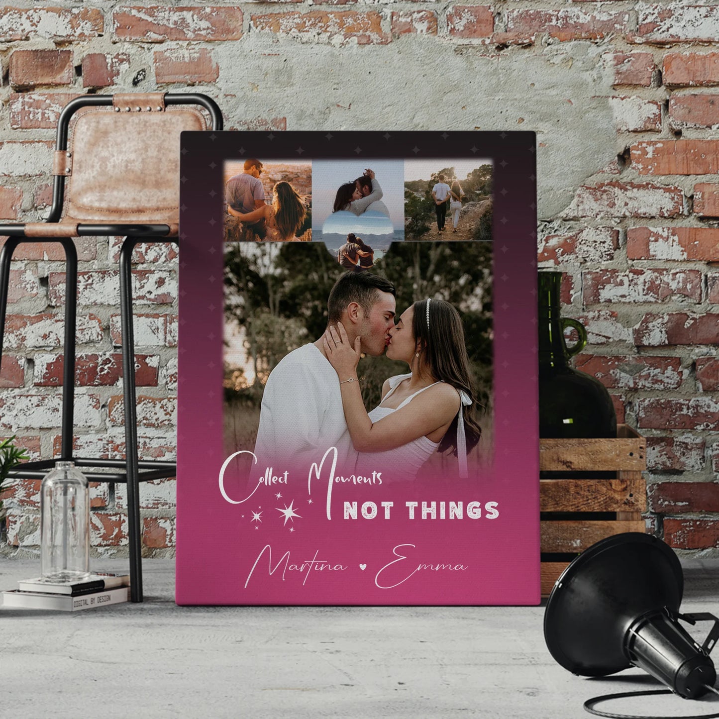 Personalisierte Pärchen Leinwand mit 4 Fotos und kleinem Herz Foto Seni Seviyorum Geschenk