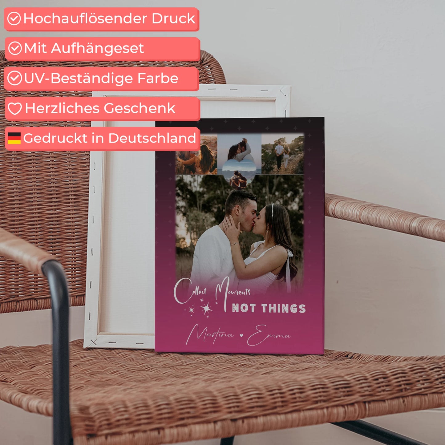 Personalisierte Pärchen Leinwand mit 4 Fotos und kleinem Herz Foto Seni Seviyorum Geschenk