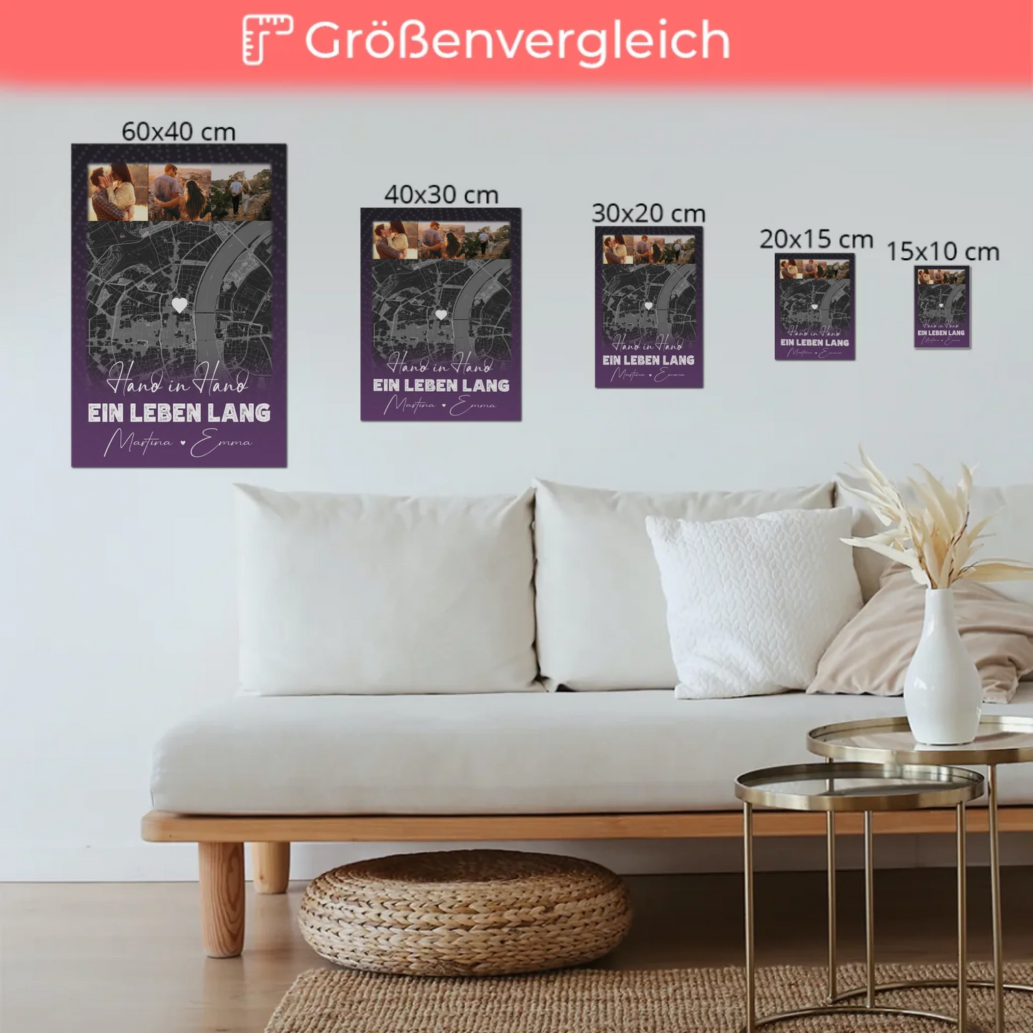 Personalisierbares Fotoboard Magnet Wandbild mit 4 Fotos und Karte Ti Amo Italienisch für individuelle Geschenke