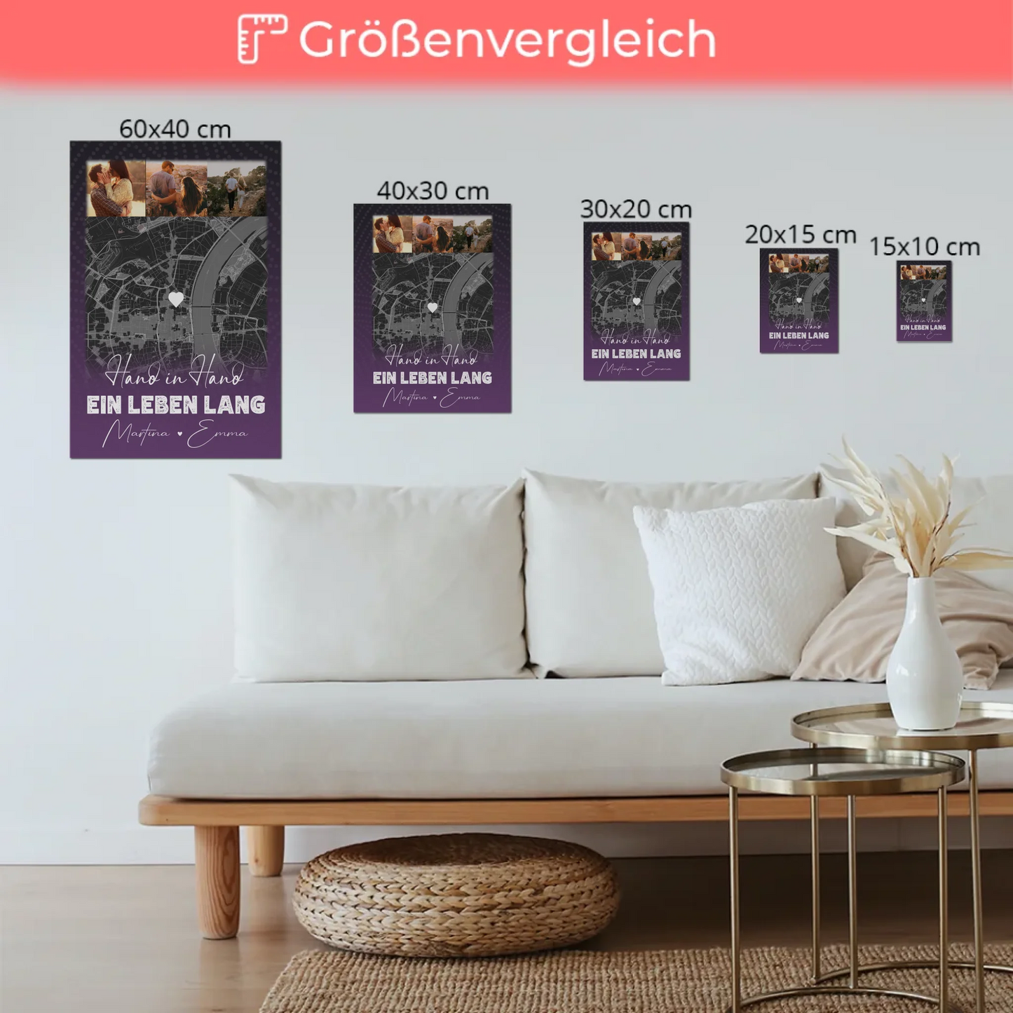 Personalisierbares Fotoboard Magnet Wandbild mit 4 Fotos und Karte Ti Amo Italienisch für individuelle Geschenke