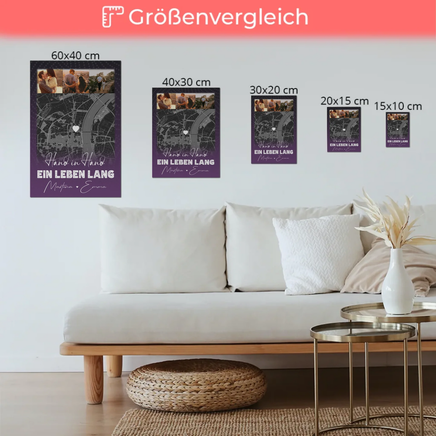 Personalisierbares Fotoboard Magnet Wandbild mit 4 Fotos und Karte Ti Amo Italienisch für individuelle Geschenke