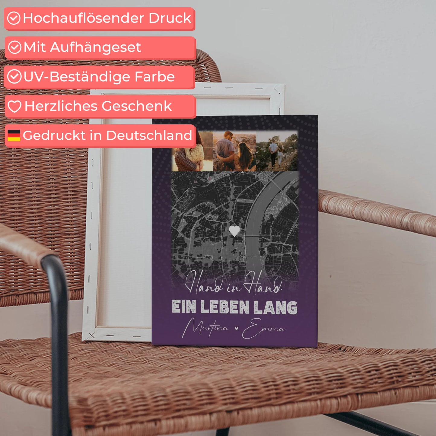 Personalisierte Pärchen Leinwand mit 4 Fotos und Karte Ti Amo Italienisch Geschenk