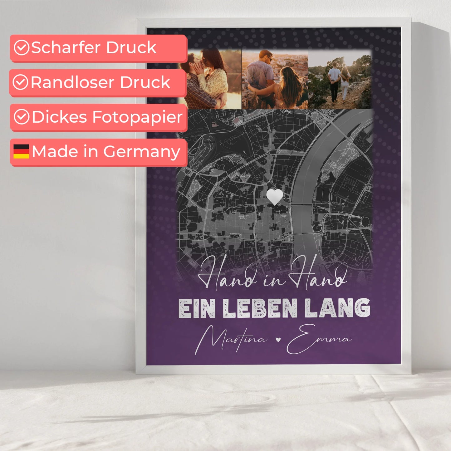 Pärchen Poster Personalisiert Ti Amo Italienisch mit 4 Fotos und Karte als Geschenk