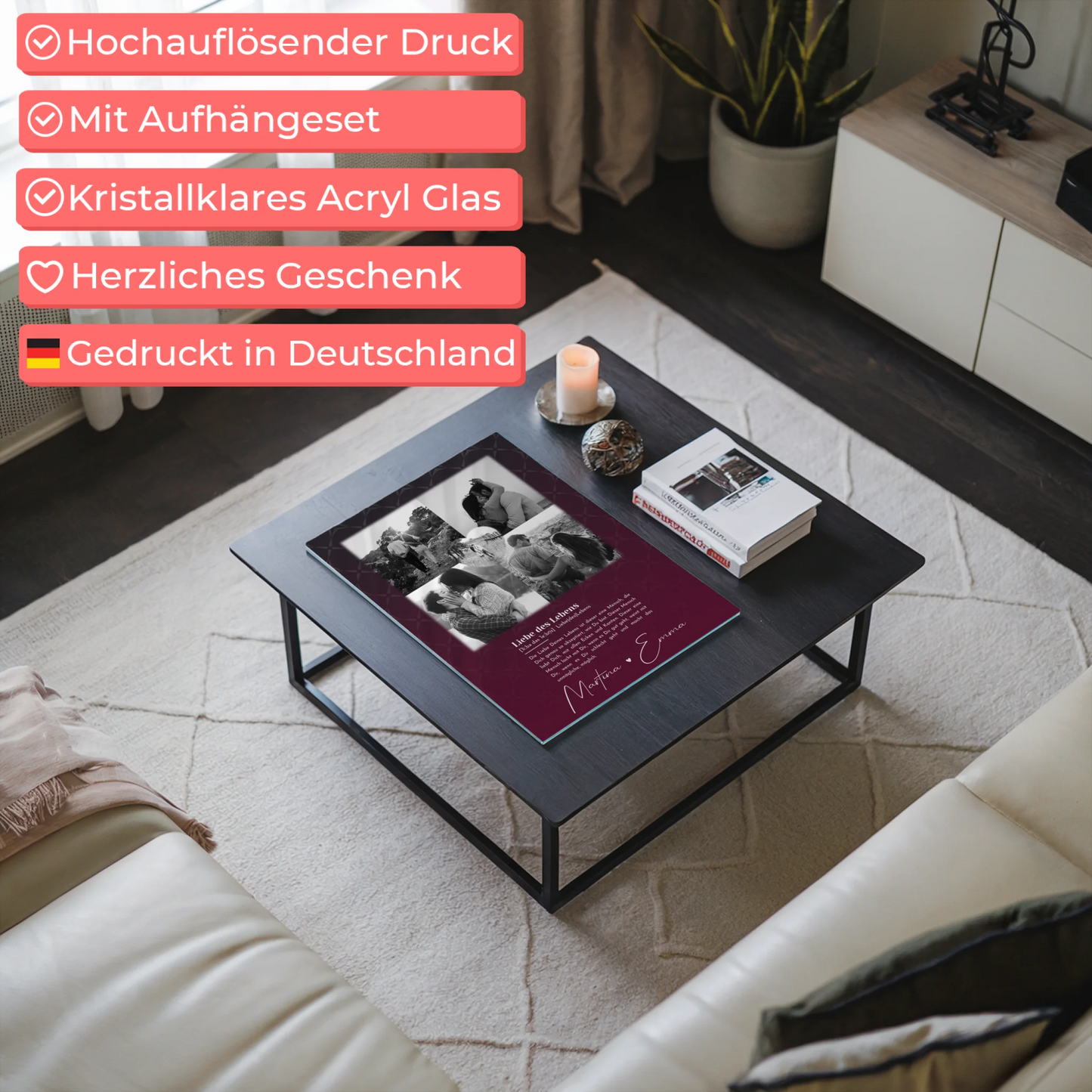 Personalisierte Foto Acrylglas Wanddekoration mit 4 Fotos und Herz Foto Ya tebya lyublyu Liebe auf Russisch