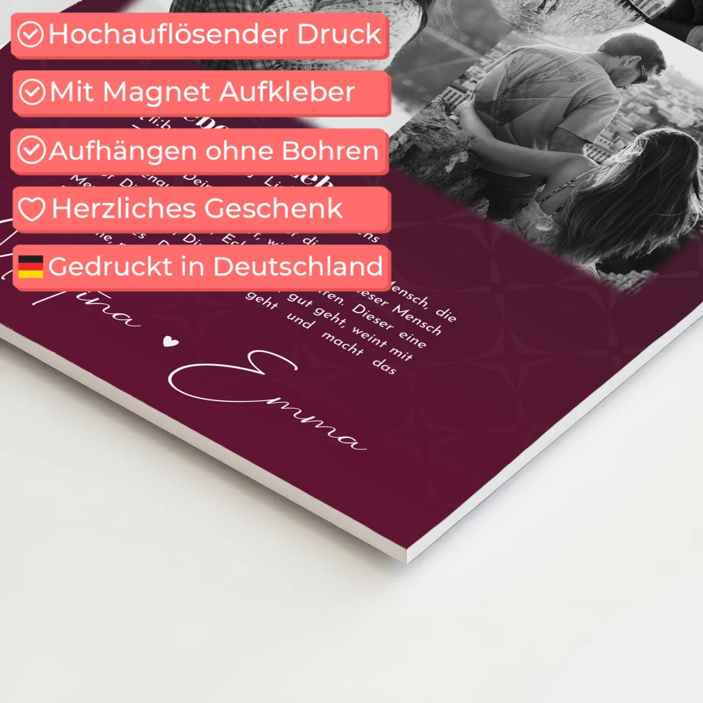 Fotoboard mit 4 Fotos und Herz Foto Ya tebya lyublyu Liebe auf Russisch Magnetposter
