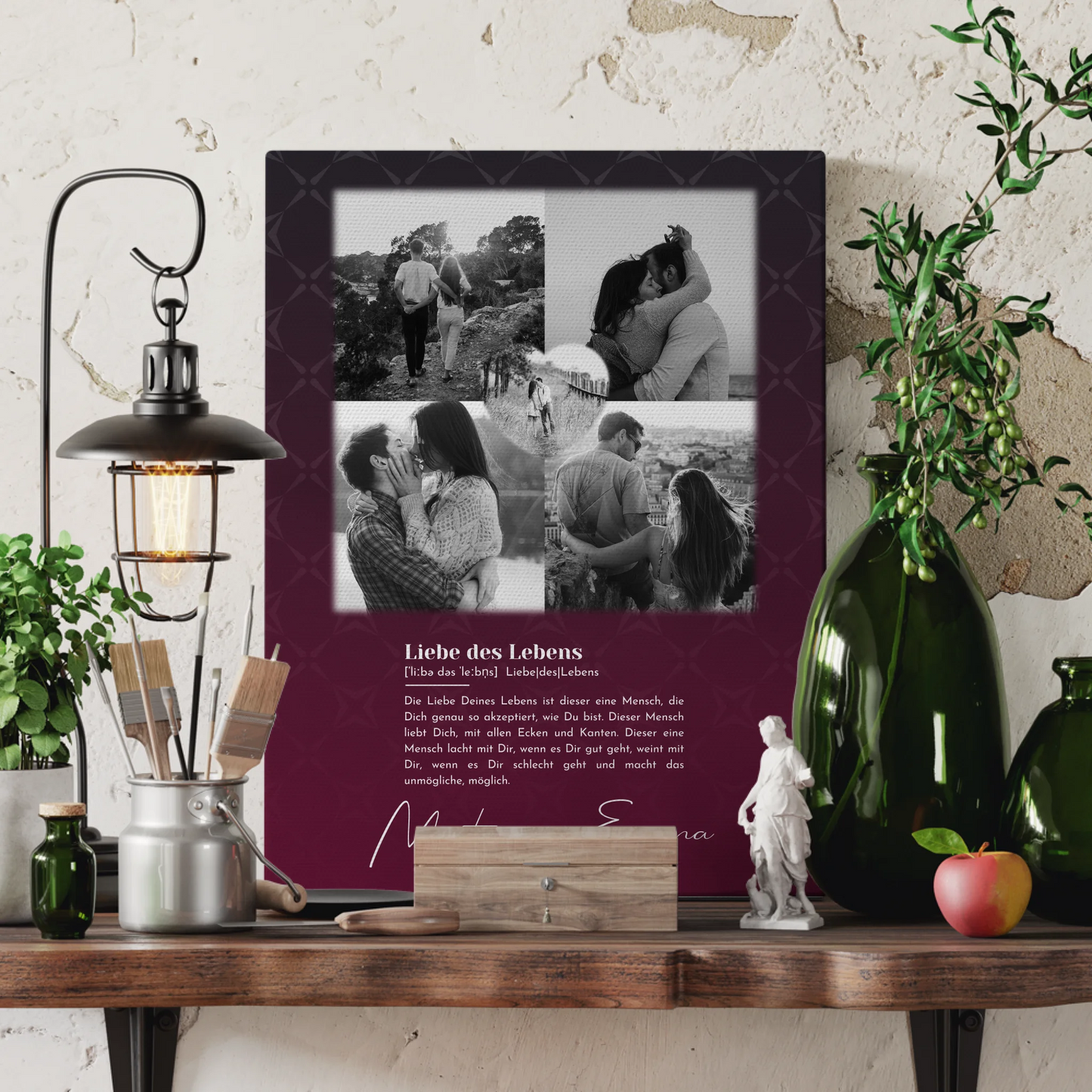 Personalisierte Leinwand Paare mit 4 Fotos und Herz Foto Ya tebya lyublyu Liebe auf Russisch