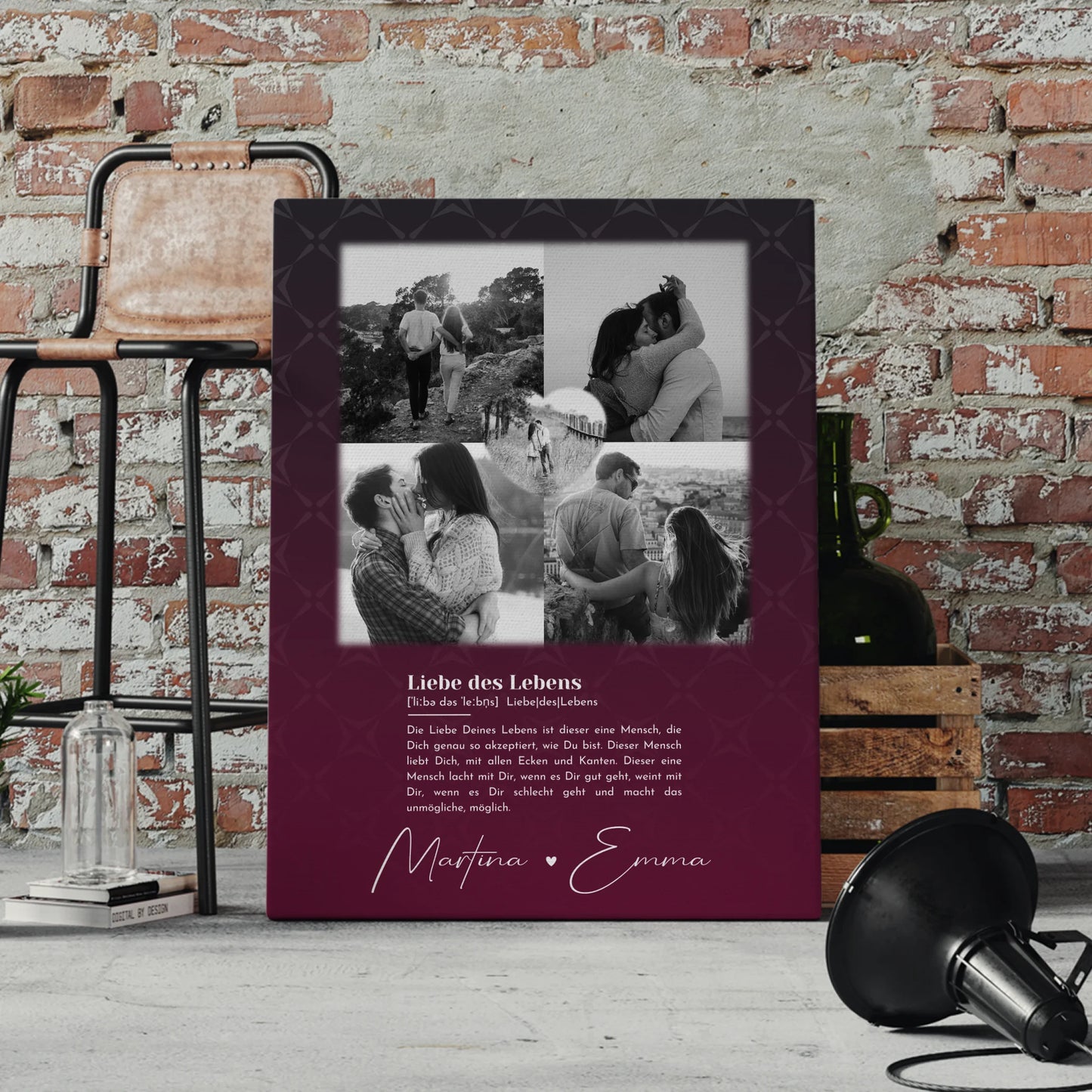 Personalisierte Leinwand Paare mit 4 Fotos und Herz Foto Ya tebya lyublyu Liebe auf Russisch