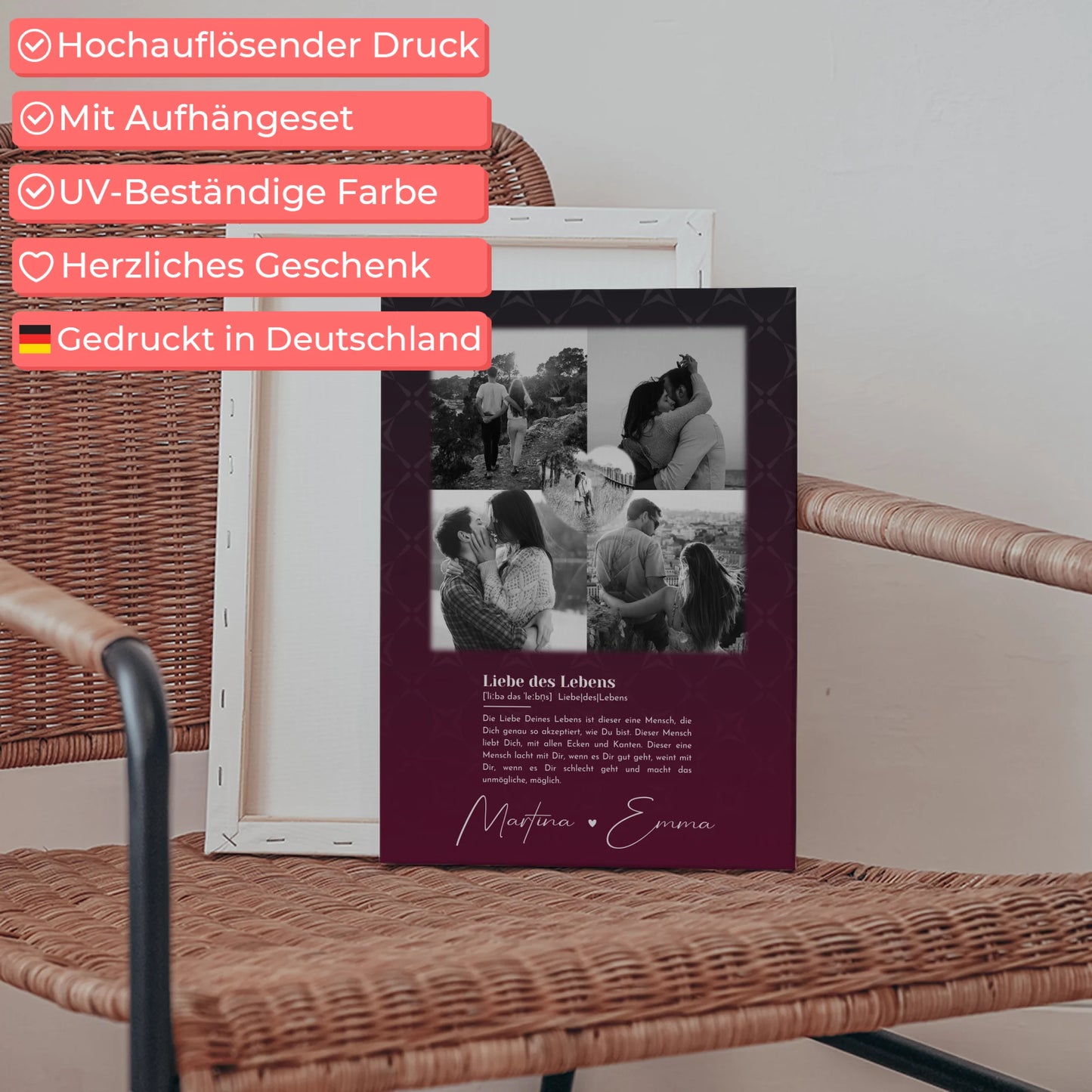 Personalisierte Leinwand Paare mit 4 Fotos und Herz Foto Ya tebya lyublyu Liebe auf Russisch