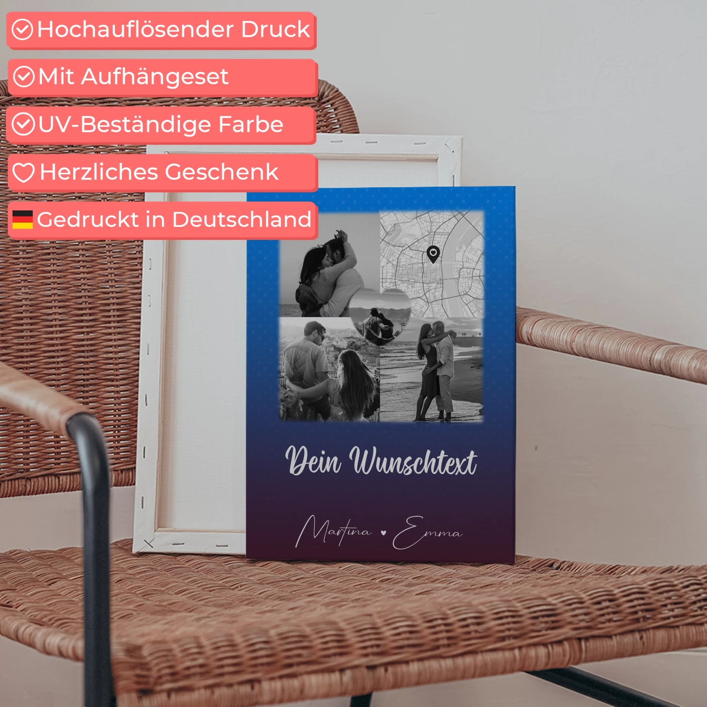 Pärchen Leinwand mit 3 Fotos Herz Foto Karte Wunschtext Te iubesc Liebe auf Rumänisch