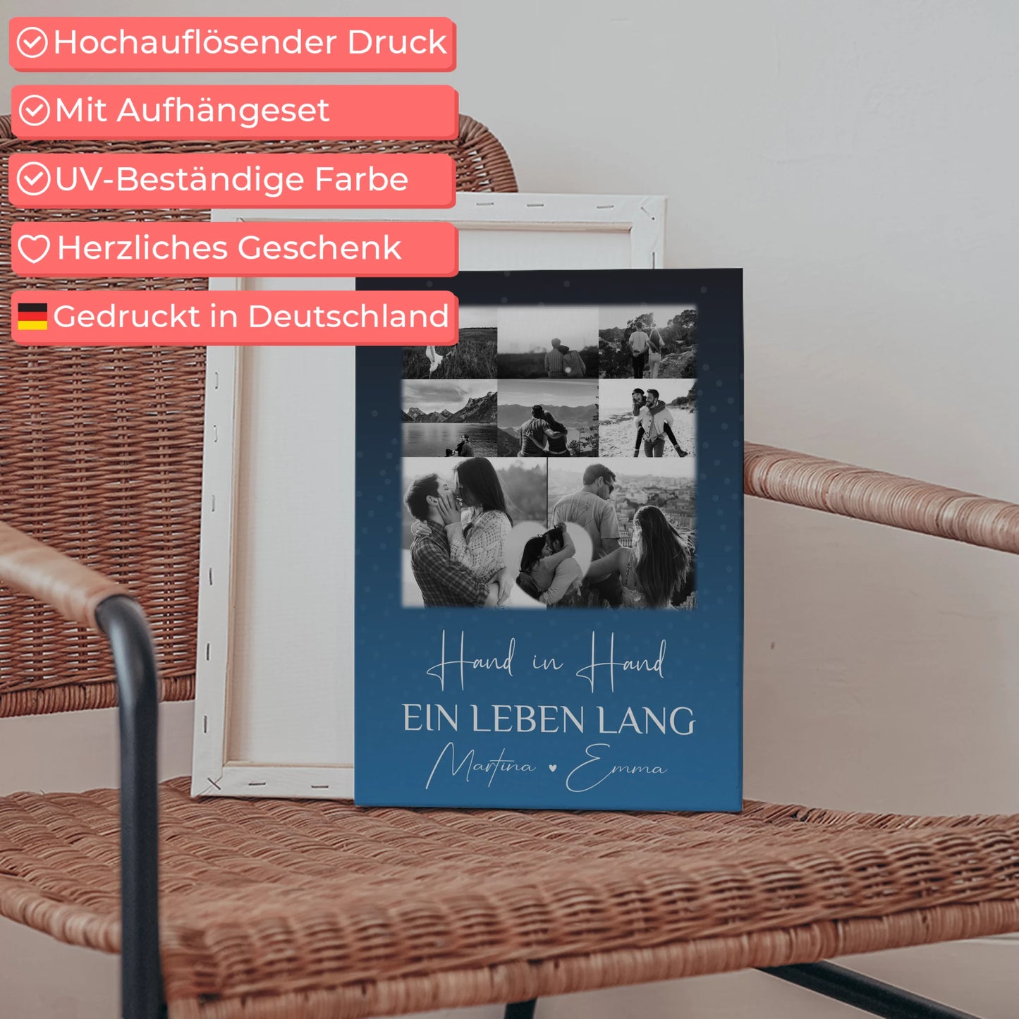 Pärchen Leinwand mit 8 Fotos und Herz Foto Miluji Tě Liebe auf Tschechisch personalisiertes Geschenk