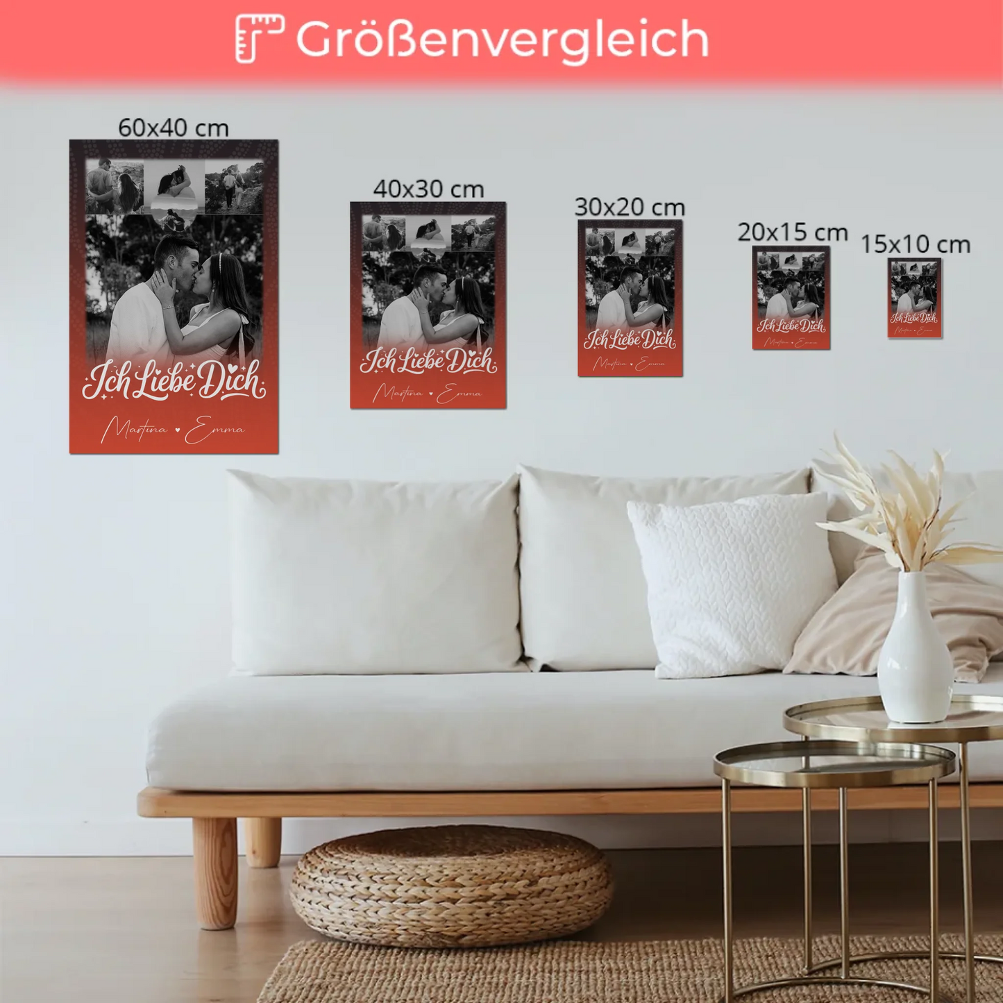 Personalisierbares Fotoboard Magnet Wandbild mit 4 Fotos und kleinem Herz Te Amo