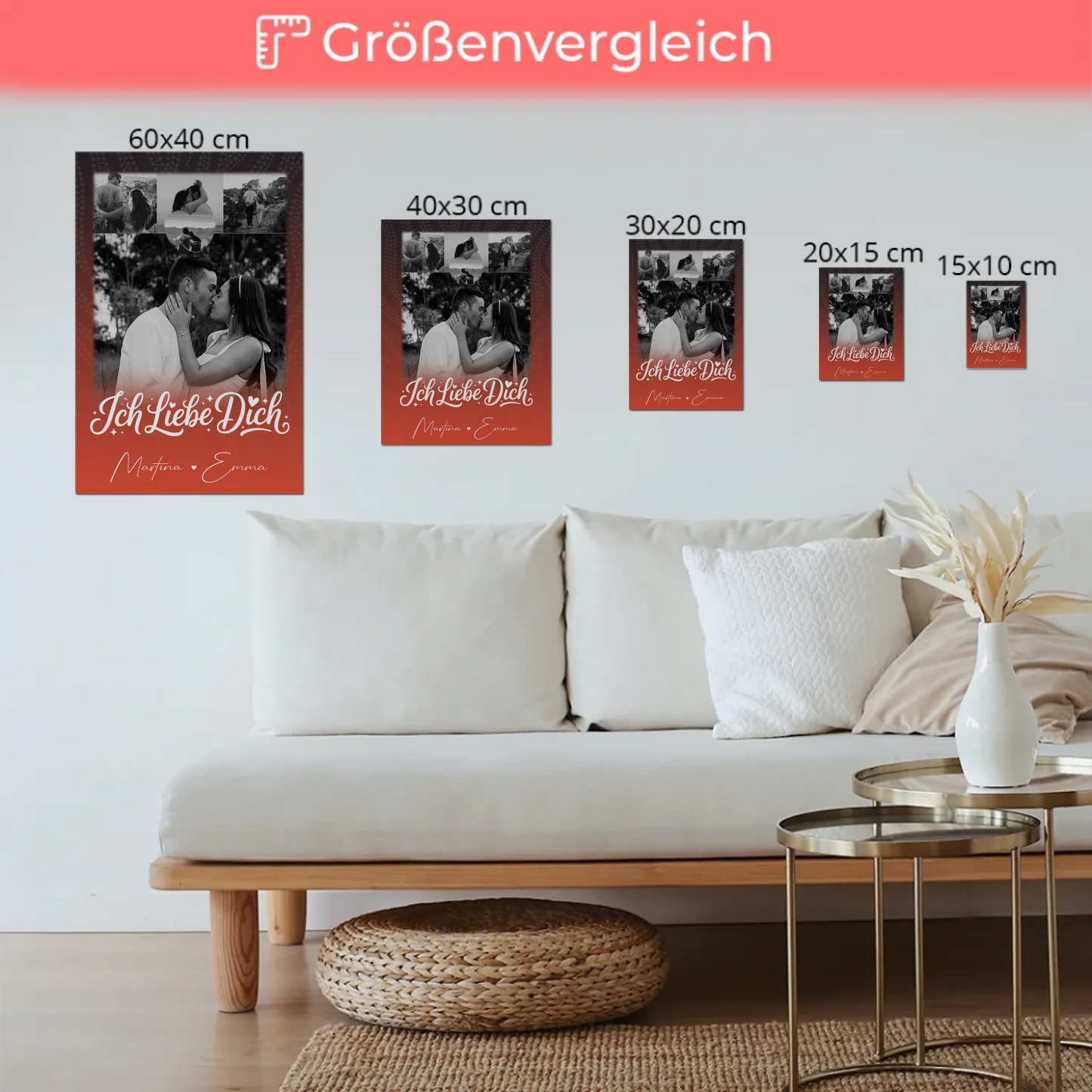 Personalisierbares Fotoboard Magnet Wandbild mit 4 Fotos und kleinem Herz Te Amo