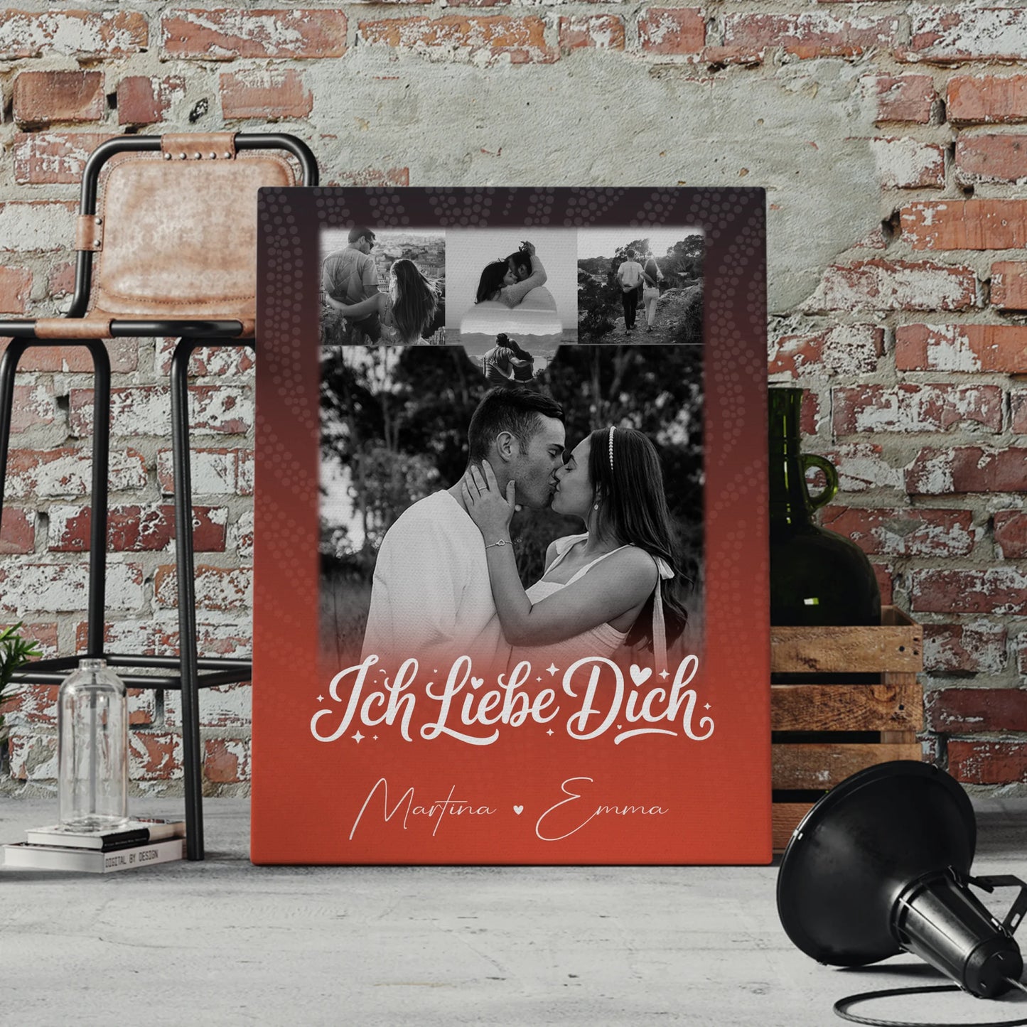 Personalisierte Leinwandbild Paar mit 4 Fotos und kleinem Herz Foto Te Amo Geschenk