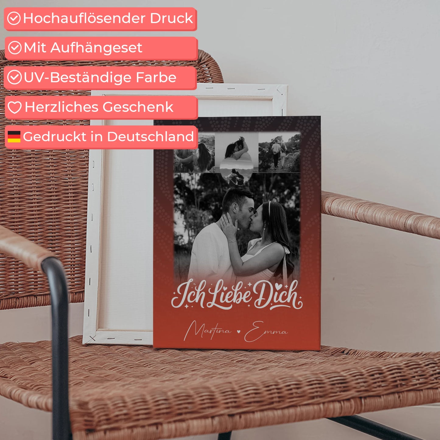 Personalisierte Leinwandbild Paar mit 4 Fotos und kleinem Herz Foto Te Amo Geschenk