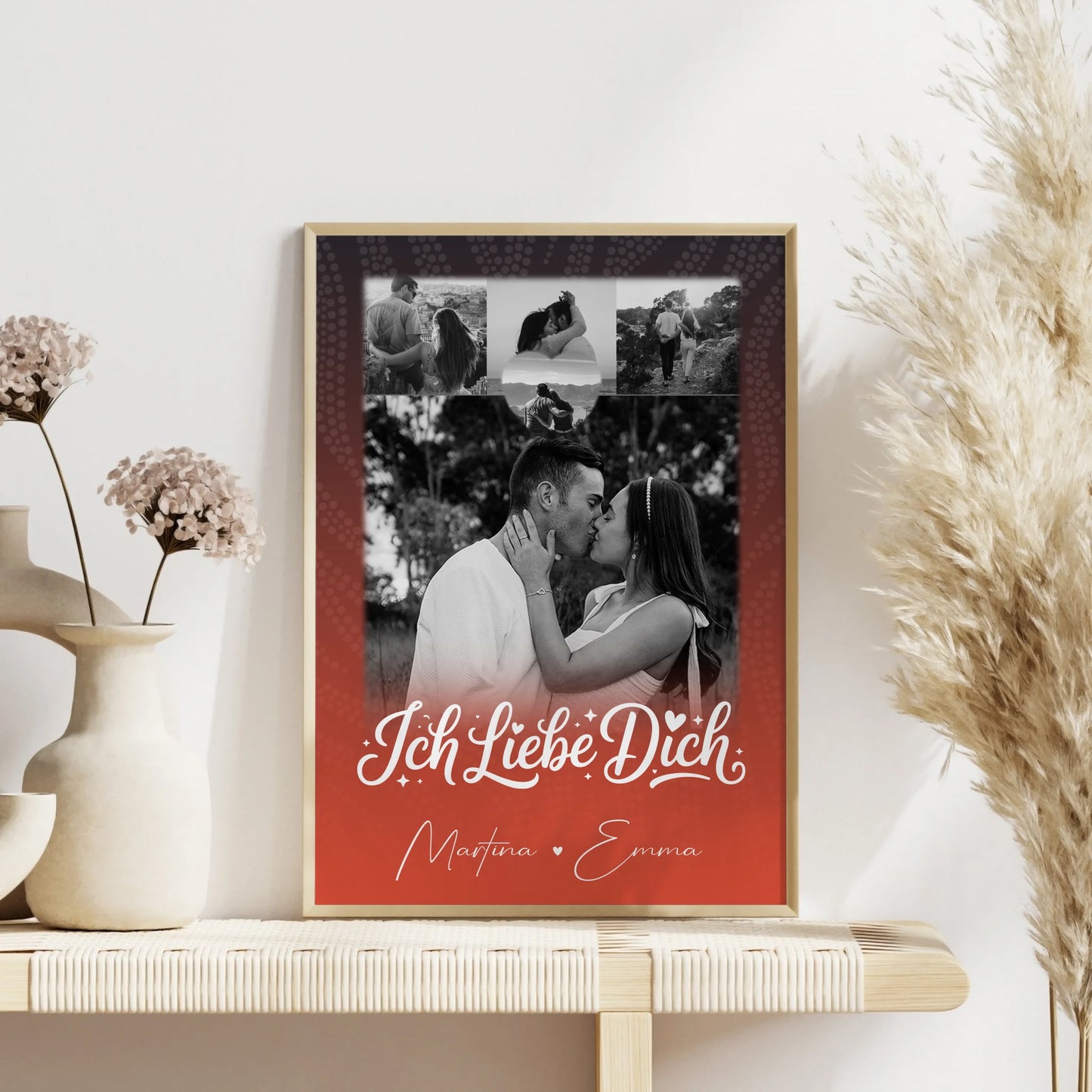 Pärchen Poster Personalisiert Te Amo mit 4 Fotos und 1 Kleines Herz Foto als Geschenk