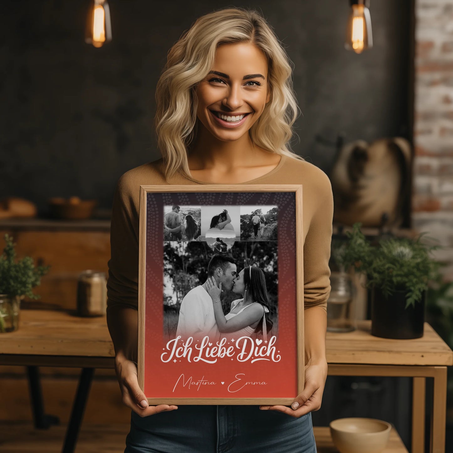 Pärchen Poster Personalisiert Te Amo mit 4 Fotos und 1 Kleines Herz Foto als Geschenk