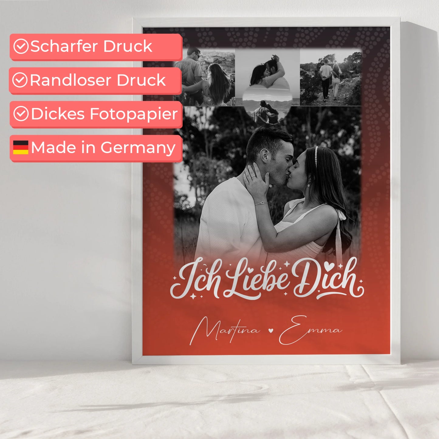Pärchen Poster Personalisiert Te Amo mit 4 Fotos und 1 Kleines Herz Foto als Geschenk