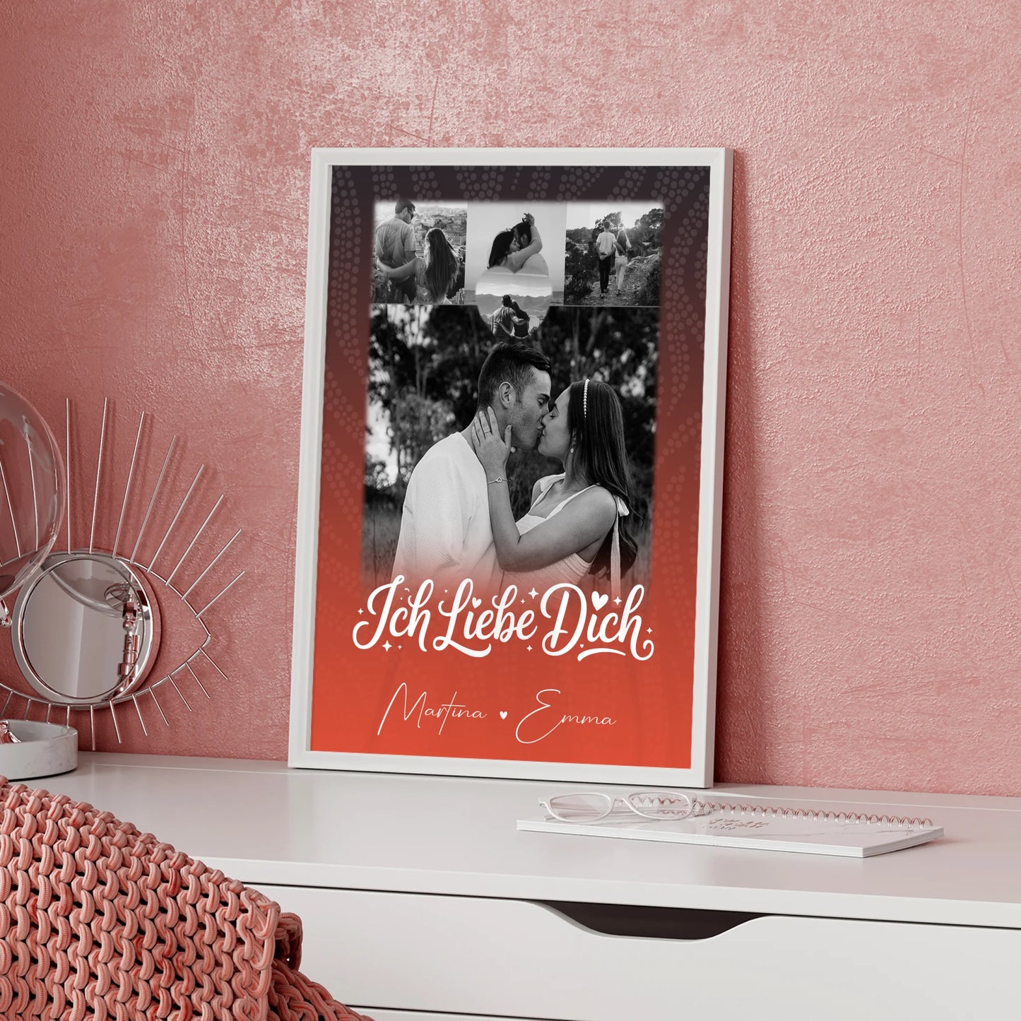 Pärchen Poster Personalisiert Te Amo mit 4 Fotos und 1 Kleines Herz Foto als Geschenk